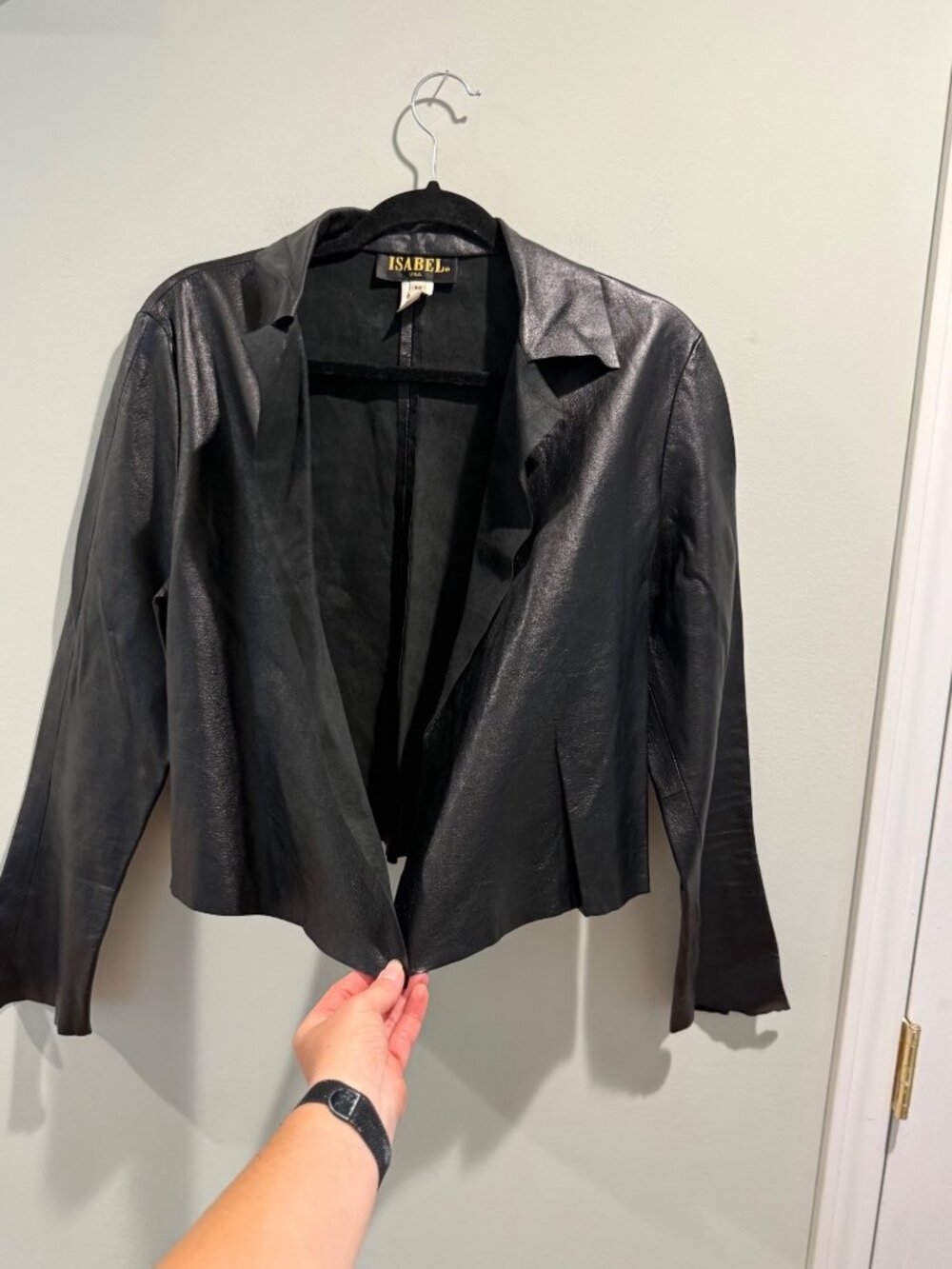 Vintage ISABEL USA 80s Black Leather Cropped Open Front Blazer Jacket - Medium
